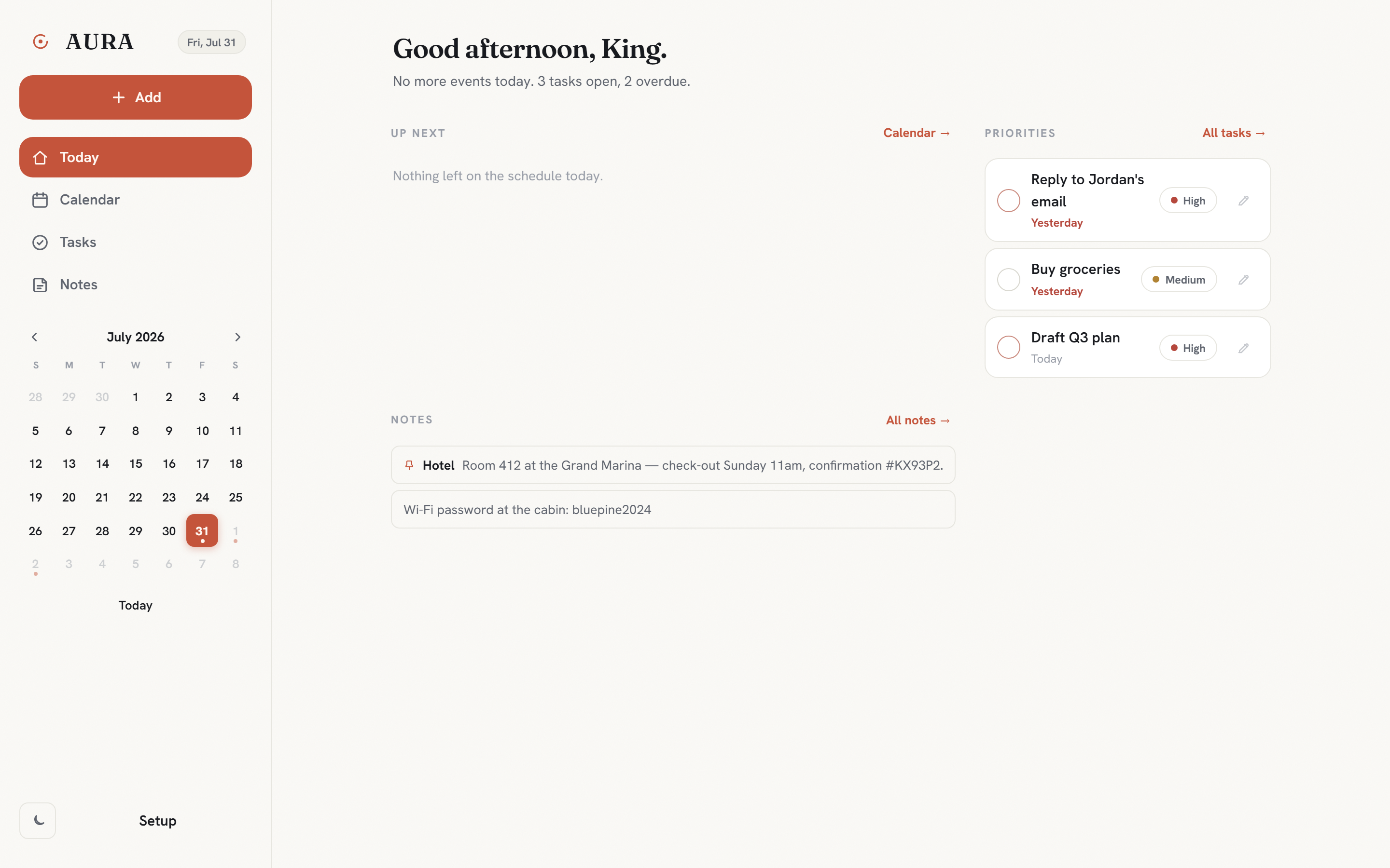 Aura on desktop: sidebar with mini-month, two-column dashboard
