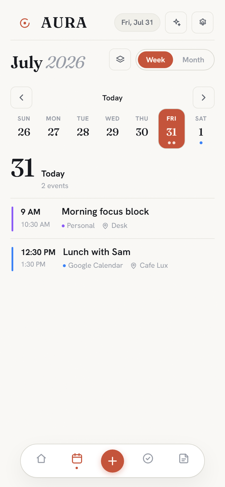 Aura's calendar on a phone: week strip and day agenda