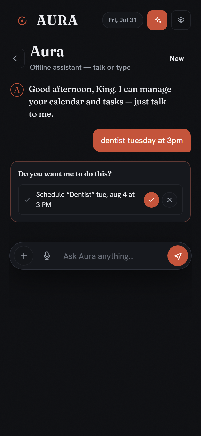 Aura's chat proposing 'Schedule Dentist, Tuesday at 3 PM' with approve and discard buttons