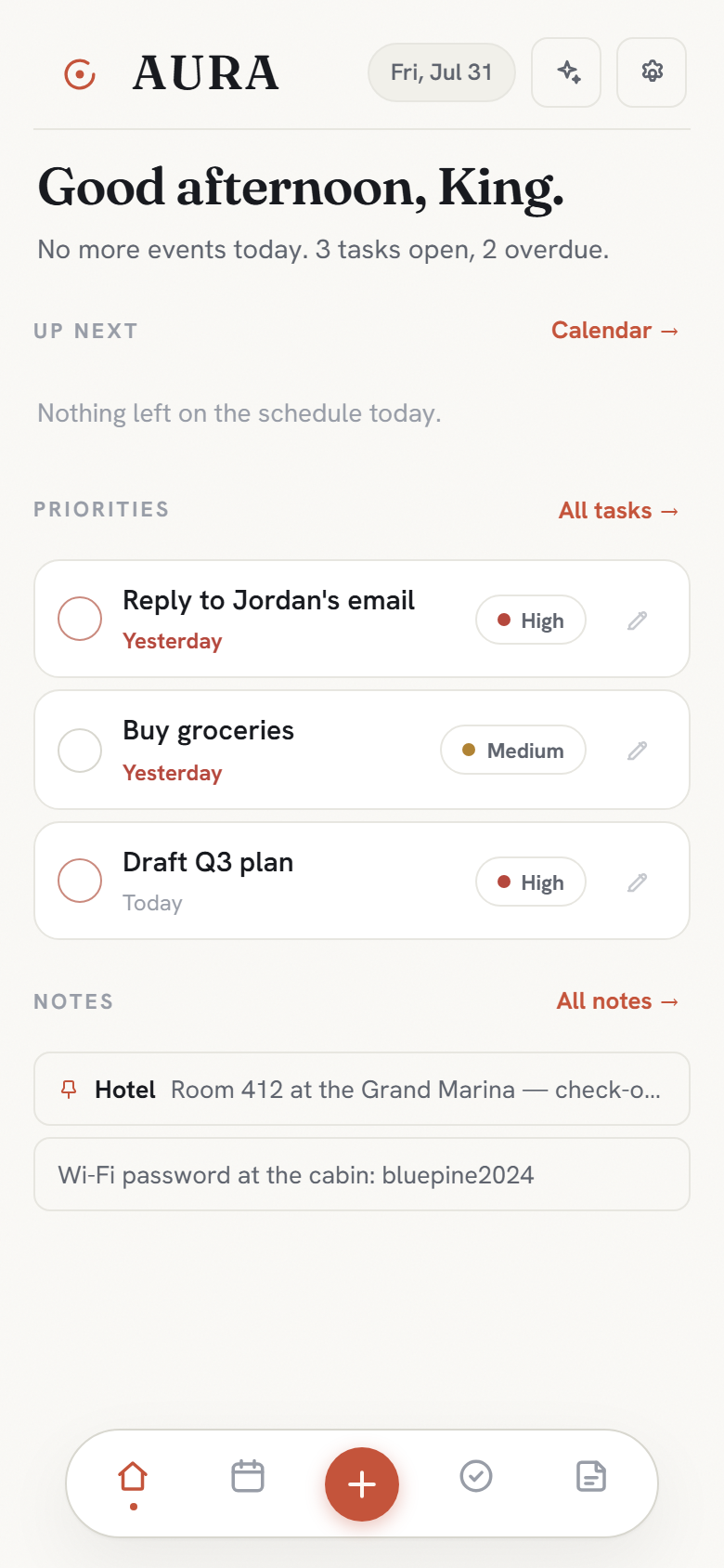 Aura on a phone: the Today dashboard with up-next events, ranked priorities and pinned notes